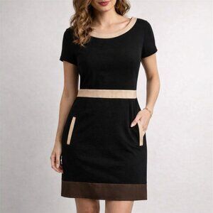 G.W. Black Brown Tan Empire Midi Dress Fully Lined Women's Size M